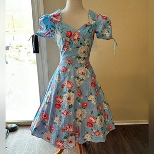 Bernie Dexter baby blue floral dress - 50s style red and white flower retro